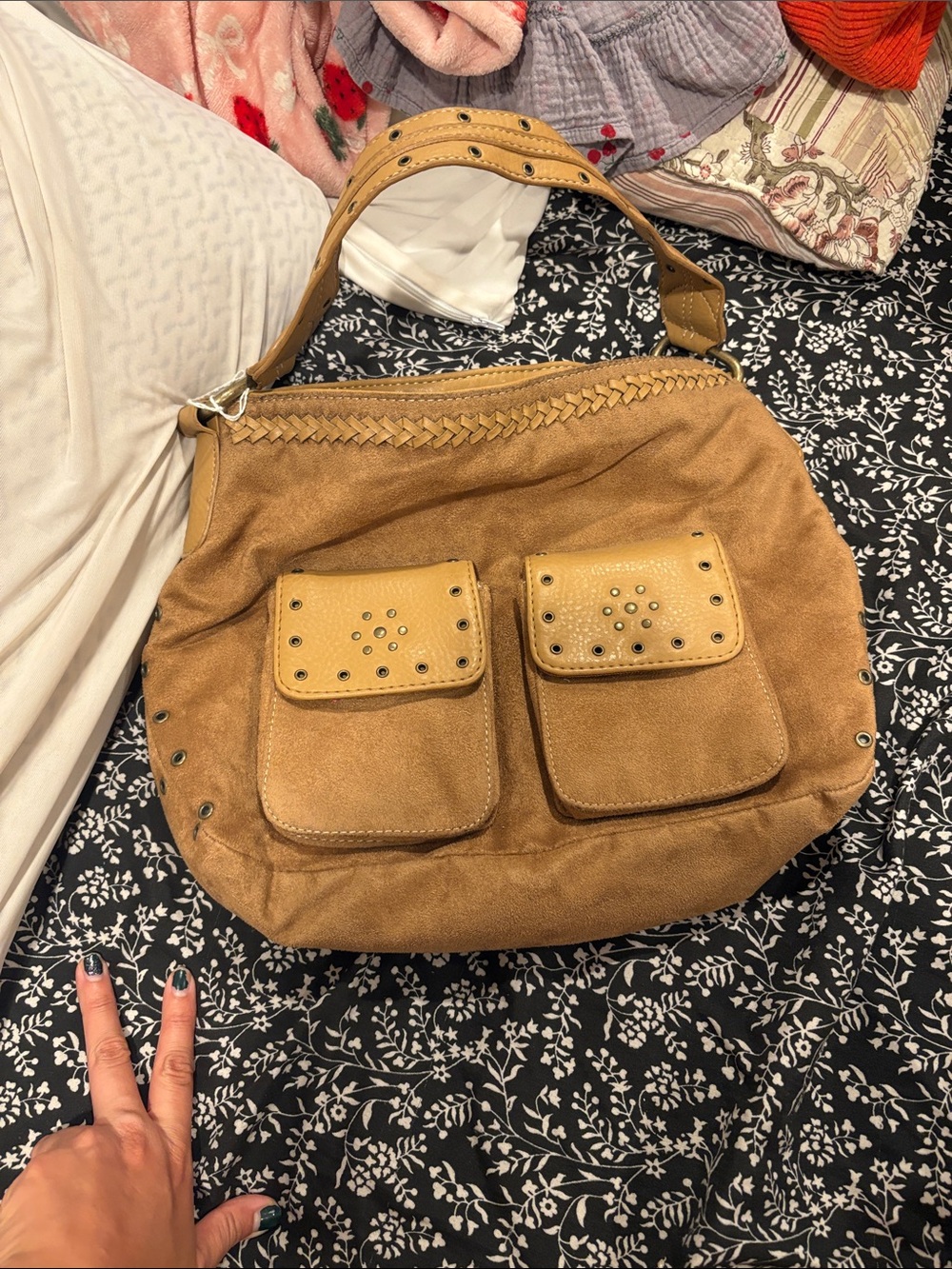 Suede Hobo Shoulder Bag with Front Pockets - Tan
